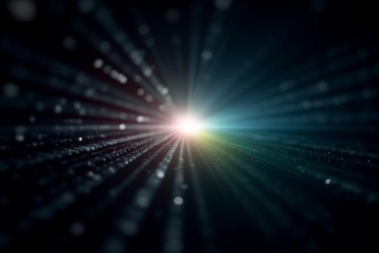 Luz emergiendo de la complejidad: un destello de prisma creando un espectro de colores, simbolizando la claridad en la tecnología de luz y óptica.