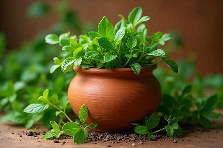 Green foliage growing around a beautifully crafted clay pot, symbolizing sustainability and nature's embrace.