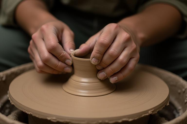Artisan's hands meticulously shaping clay on a potter's wheel, natural lighting, focused on craftsmanship.