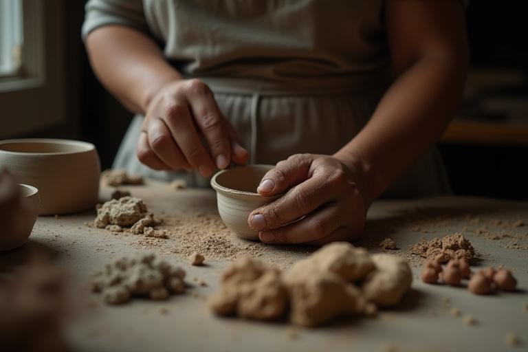 Artisan preparing locally sourced clay and minerals for ceramic production, showing raw materials with natural textures.