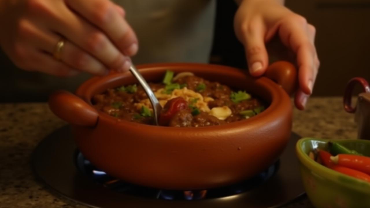 Isang kamay na nagluluto sa isang luwad na palayok na puno ng masarap na ulam, na nasa ibabaw ng apoy. Ang palayok ay may earthy, natural na kulay. Ang background feature ay isang simpleng kusina na may natural na mga elemento.