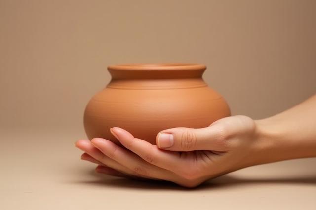 Isang kamay na hinahawakan ang isang malinis at walang basag na luwad na kaldero, na nagpapakita ng natural at earthy na texture nito. Ang background ay malambot at di-focused, binibigyang-diin ang kalidad ng kaldero.