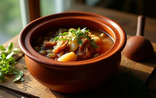 Larawan ng masarap na lutuin sa isang natural na palayok na putik.