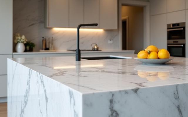 Larawan ng isang eleganteng countertop na gawa sa bato sa isang modernong kusina.