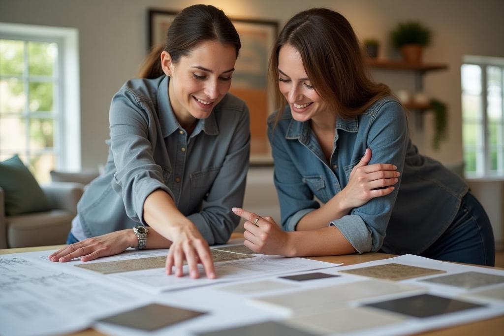 Disenyer na kinakausap ang kliyente, nagpapakita ng samples ng countertop materials sa lapag.
