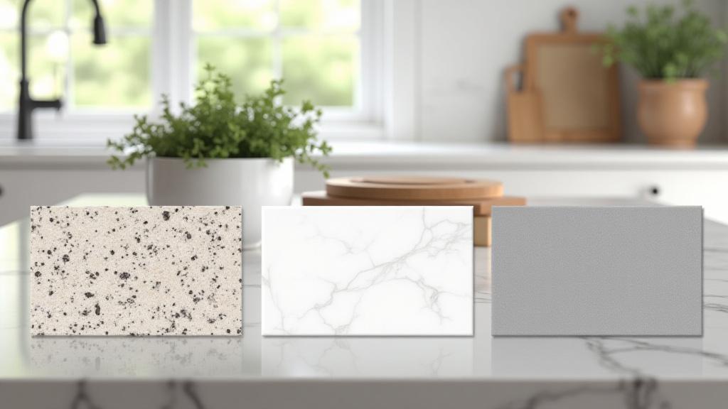 Iba't ibang uri ng stone countertop na may samples ng granite, marble, at quartz sa isang modernong kusina.