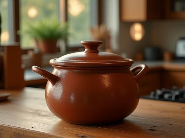 Isang matibay na lutuan na gawa sa luwad na nakaupo sa isang kusina.