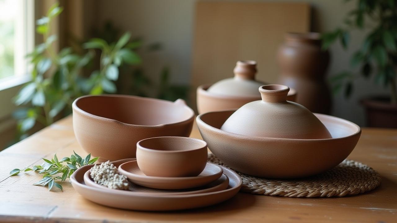 Handcrafted stoneware pottery and cookware on a rustic wooden table, with gentle light.
